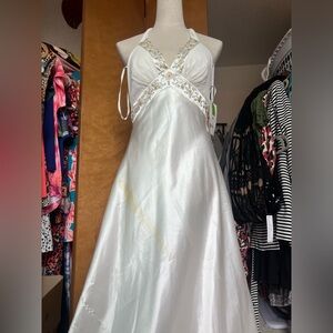 White Satin Embellished Spaghetti Strap Dress